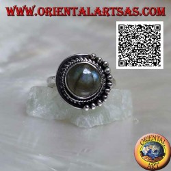 Silver ring with round labradorite surrounded by intertwining and balls only on one half