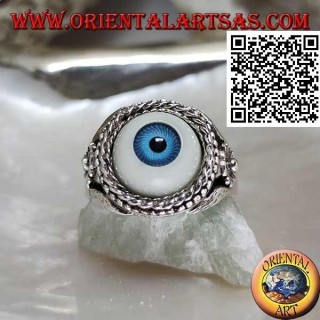 Bague en argent avec oeil avec pupille bleue entourée d'entrelacs