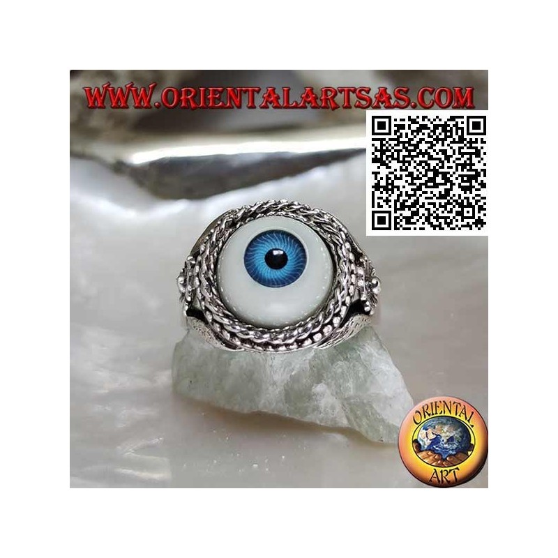 Silver ring with eye with blue pupil surrounded by interweaving