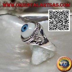 Bague en argent avec oeil avec pupille bleue entourée d'entrelacs