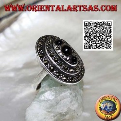 Oval silver ring with three levels of marcasite with a trio of round onyx on top