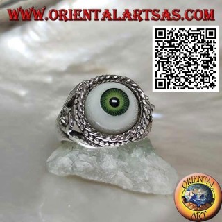Silver ring with eye with green pupil surrounded by interweaving