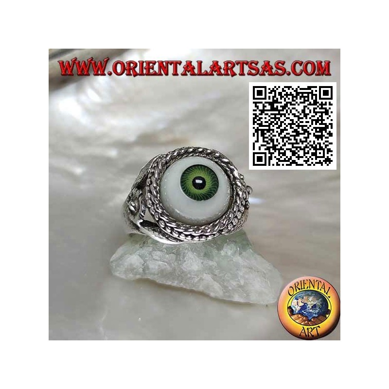 Anillo de plata con ojo con pupila verde rodeado de entretejido
