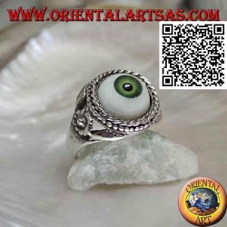 Bague en argent avec oeil avec pupille verte entourée d'entrelacs