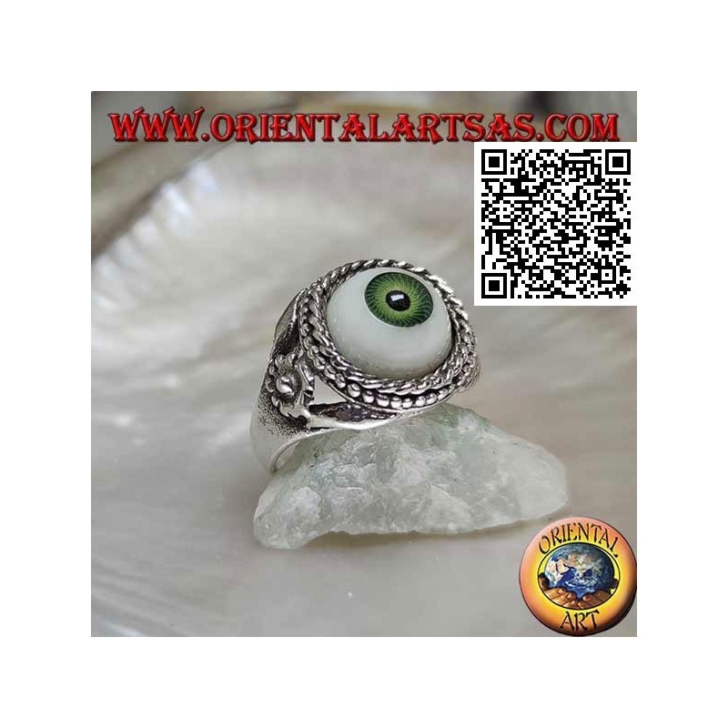 Bague en argent avec oeil avec pupille verte entourée d'entrelacs