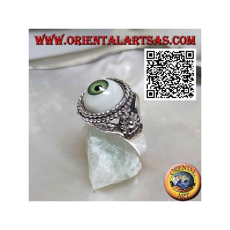Anello in argento con occhio con pupilla verde contornato da intreccio