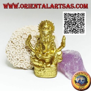 Ganesh Skulptur "Der Elefantengott" sitzt mit Buch und Heiligenschein, in Harz (golden 8 cm)