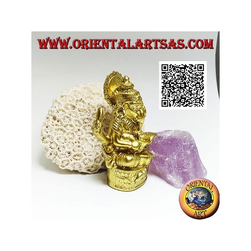 Ganesh Skulptur "Der Elefantengott" sitzt mit Buch und Heiligenschein, in Harz (golden 8 cm)