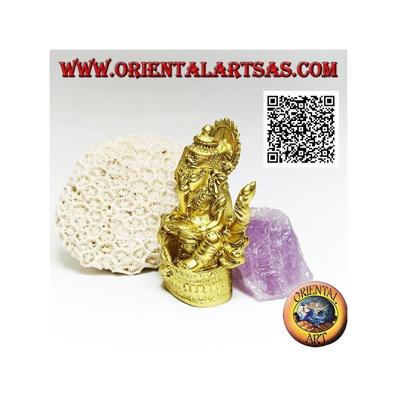 Ganesh Skulptur "Der Elefantengott" sitzt mit Buch und Heiligenschein, in Harz (golden 8 cm)