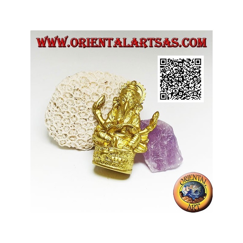 Ganesh Skulptur "Der Elefantengott" sitzt mit Buch und Heiligenschein, in Harz (golden 8 cm)
