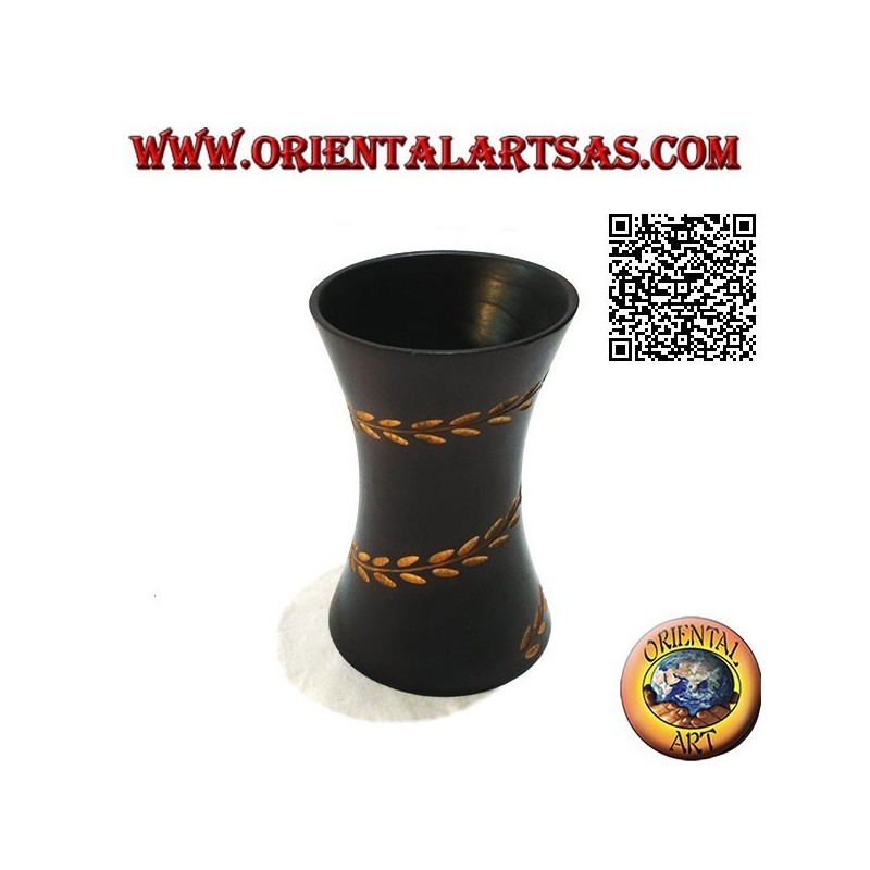 Vase à fleur cylindrique concave avec ligne florale gravée à la main en bois d'acajou de 15 cm