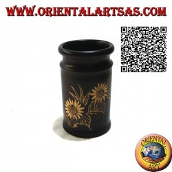 Cylindrical pen holder in mahogany wood with a pair of 12 cm hand engraved sunflowers