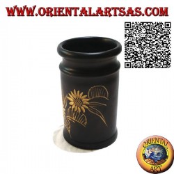 Cylindrical pen holder in mahogany wood with a pair of 12 cm hand engraved sunflowers