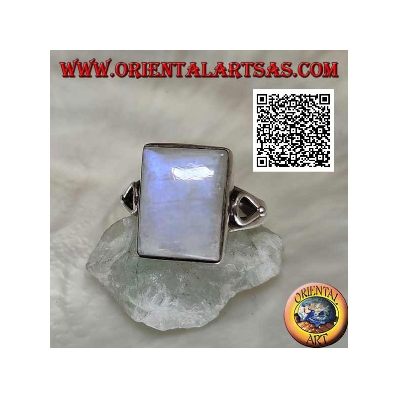 Silver ring with rectangular rainbow moonstone on smooth setting with teardrop opening on the sides