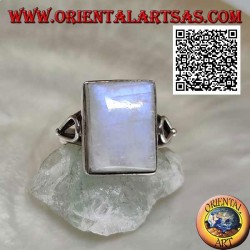 Silver ring with rectangular rainbow moonstone on smooth setting with teardrop opening on the sides