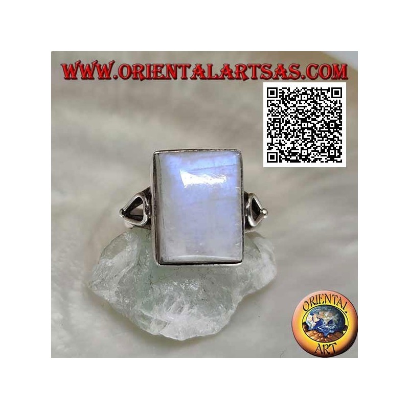 Silver ring with rectangular rainbow moonstone on smooth setting with teardrop opening on the sides