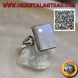 Silver ring with rectangular rainbow moonstone on smooth setting with teardrop opening on the sides