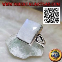 Silver ring with rectangular rainbow moonstone on smooth setting with teardrop opening on the sides