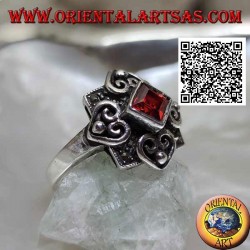 Silver ring with natural rhomboid garnet on a marcasite setting and four hearts