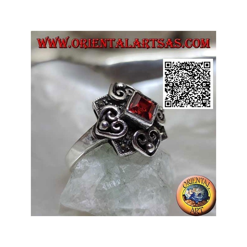 Silver ring with natural rhomboid garnet on a marcasite setting and four hearts