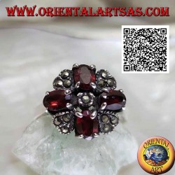 Maltese cross silver ring of natural oval garnets set and marcasite in the middle