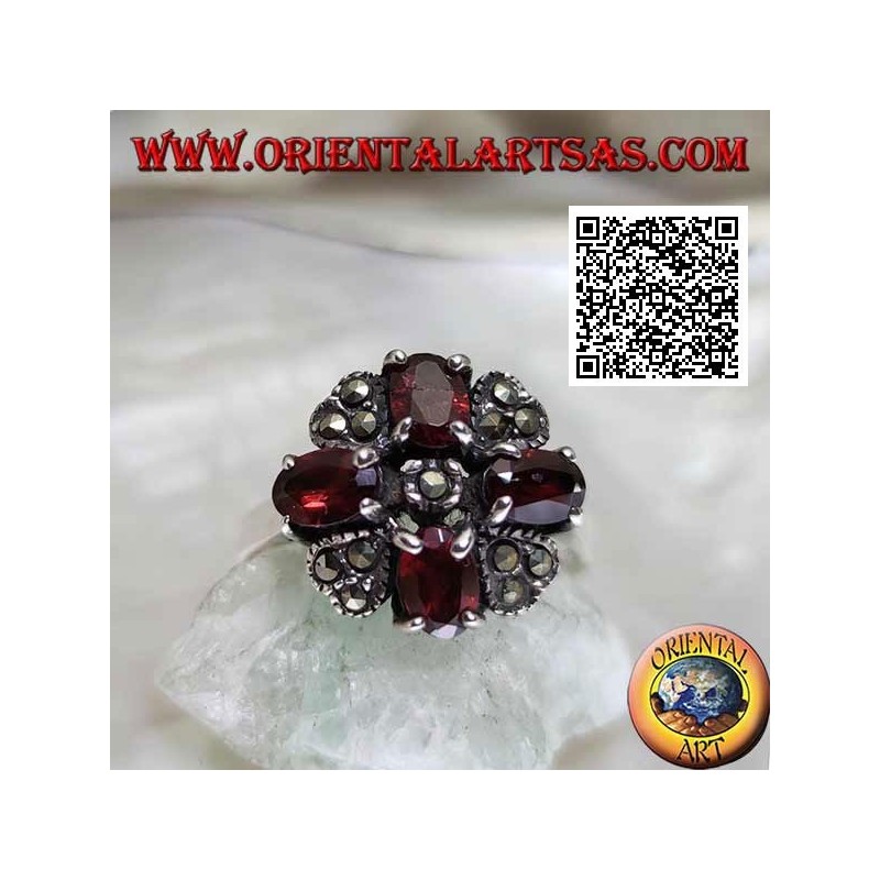 Bague croix de Malte en argent de grenats ovales naturels sertis et marcassite au milieu