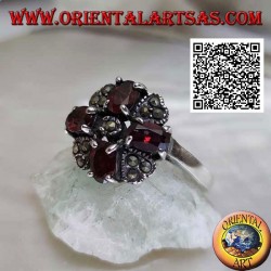 Maltese cross silver ring of natural oval garnets set and marcasite in the middle