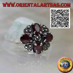 Bague croix de Malte en argent de grenats ovales naturels sertis et marcassite au milieu