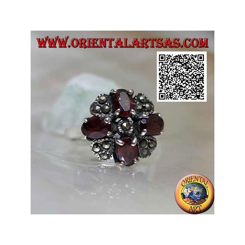Maltese cross silver ring of natural oval garnets set and marcasite in the middle