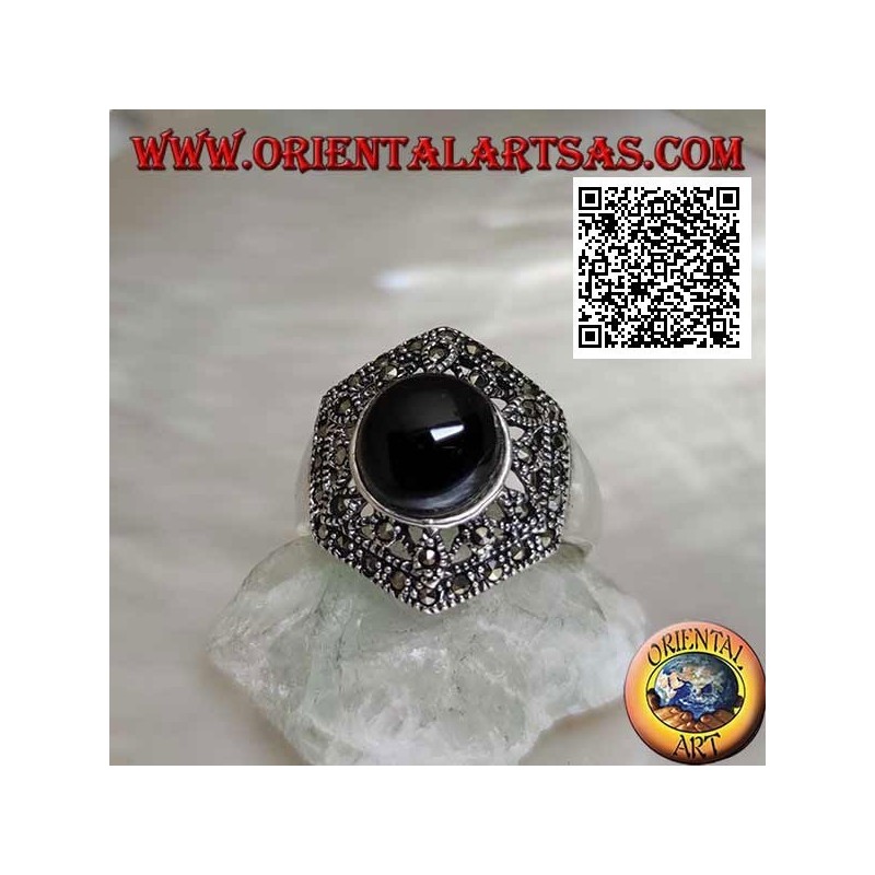 Hexagonal silver ring with openwork decoration studded with marcasite with central round onyx