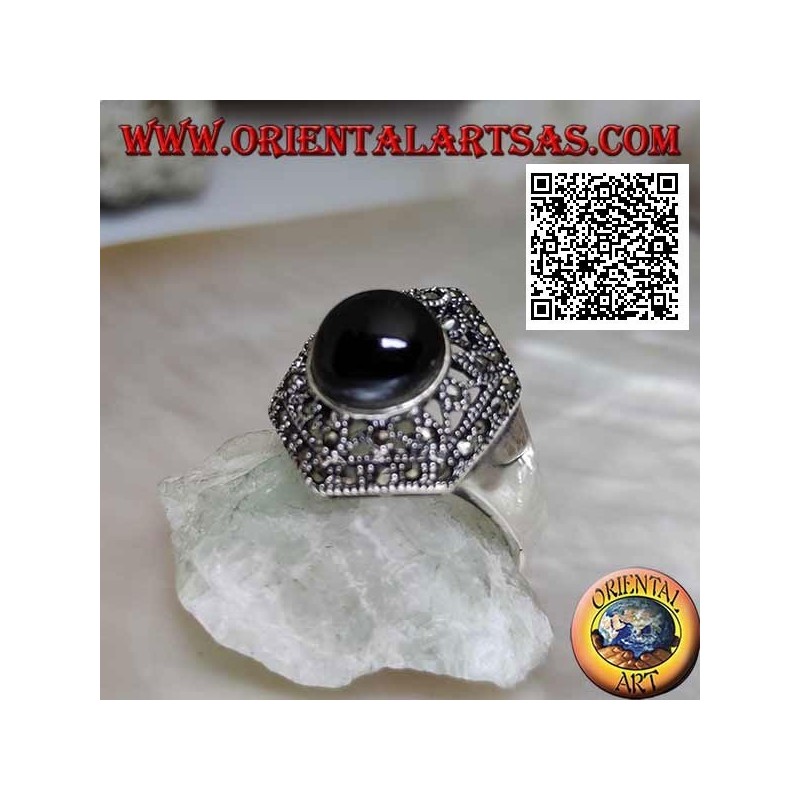 Hexagonal silver ring with openwork decoration studded with marcasite with central round onyx