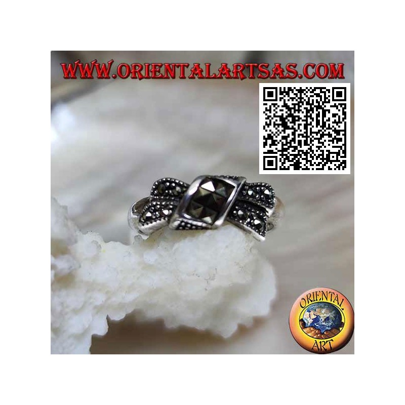 Silver bow knot ring studded with marcasite