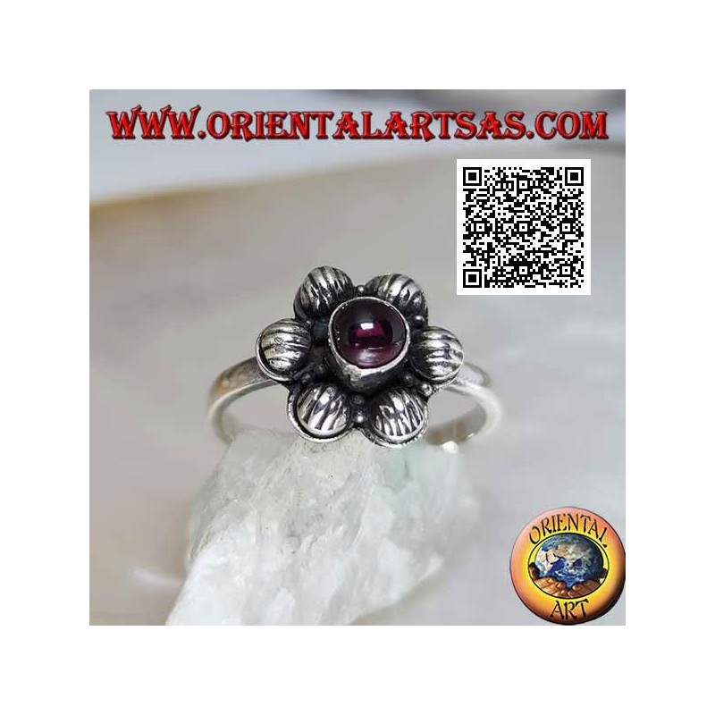 6-petal silver flower ring with cabochon round garnet (16)