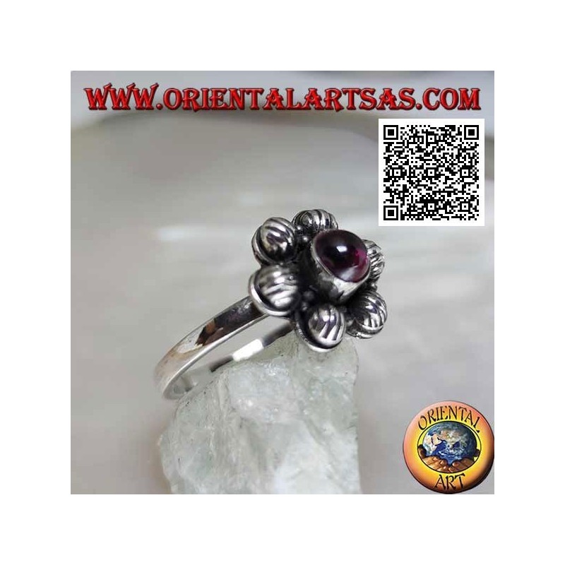 Anillo de flores de plata de 6 pétalos con granate redondo cabujón (16)