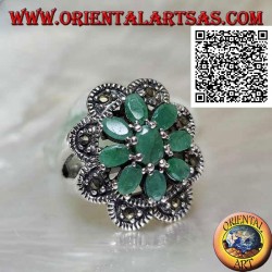 Flower ring in silver with 8 petals of natural emeralds set oval with rounded frame of marcasite