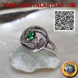 Silver ring with lines of circle zircons and central round synthetic emerald