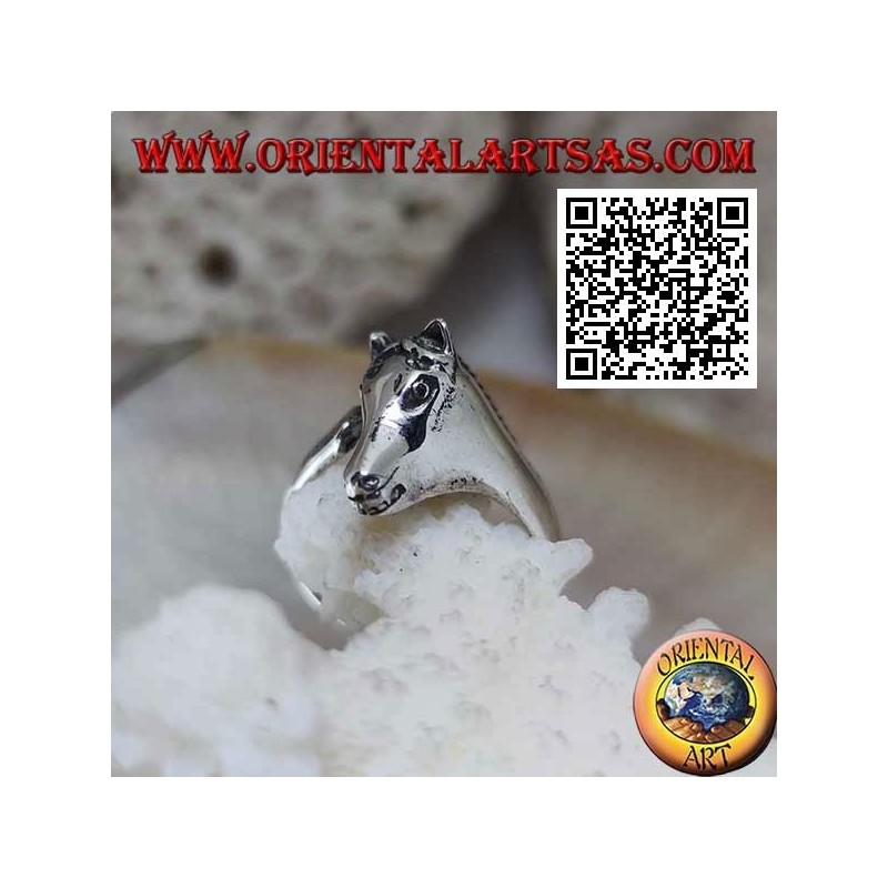 Anello in argento testa di cavallo a tre quarti sulla coda (stile ouroboros)