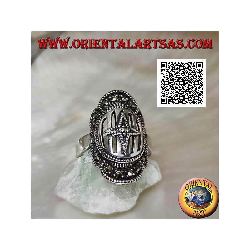 Anillo de plata escudo medieval con cruz en barras tachonadas de marcasita