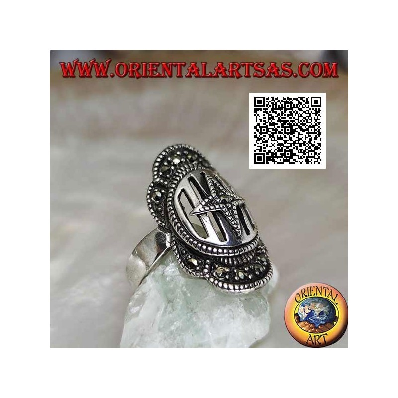 Anello in argento a scudo medievale con croce su sbarre tempestato di marcassite