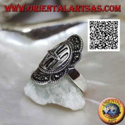 Medieval shield silver ring with cross on bars studded with marcasite