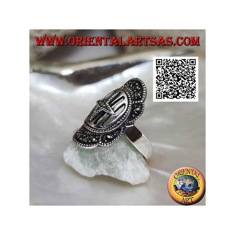 Medieval shield silver ring with cross on bars studded with marcasite