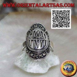 Medieval shield silver ring with cross on bars studded with marcasite