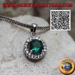 Silver pendant with faceted round emerald zircon surrounded by white zircons