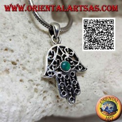 Hand of Fatima silver pendant with perforated ethnic decoration and central round malachite