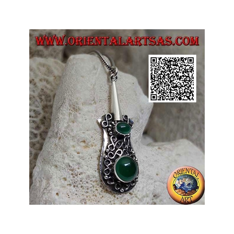 Silver pendant in the shape of a guitar with round and oval green agate and infinity lines in high relief