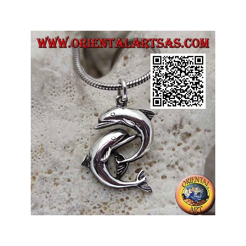 Colgante de plata, pareja de delfines saltando uno debajo del otro