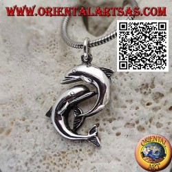 Silver pendant, couple of dolphins jumping one under the other
