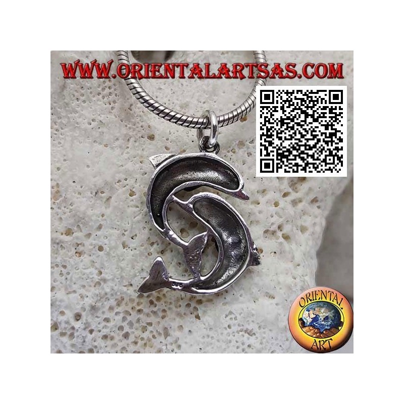 Silver pendant, couple of dolphins jumping one under the other