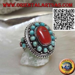 Nepalese style silver ring with natural oval coral and turquoise spheres in the frame and on the sides