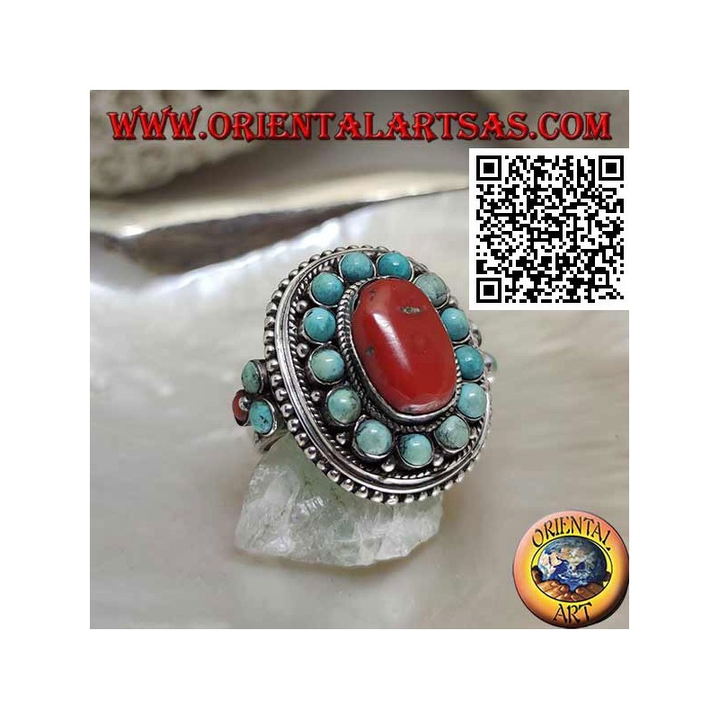 Anillo de plata estilo nepalí con coral ovalado natural y esferas turquesas